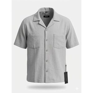 Ananke Grey Short Sleeve Button Down Shirt XL Cropped Cuban Camp Collar NEW